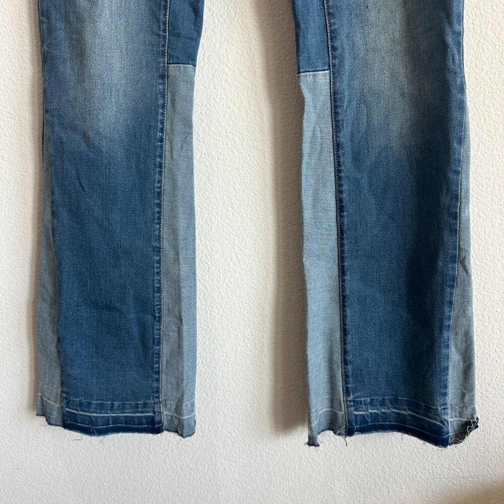 Blue Denim Patchwork Stretch Jeans Slim Fit Flared Pants - Picture 4 of 7